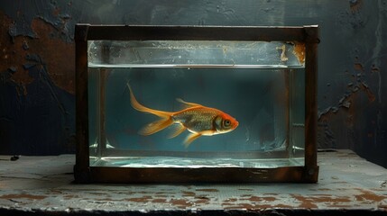 goldfish in a rusty aquarium with backlight on a dark background