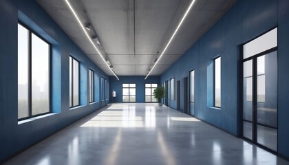  Blue office corridor, concrete floor, loft-style windows, continuous ceiling lights, business and financial design theme,digital illustration created with generative ai
