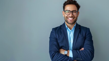 Photo of handsome business man chief arms crossed looking colleagues friendly toothy smiling formalwear specs blazer shirt trousers blue suit isolated grey color background 