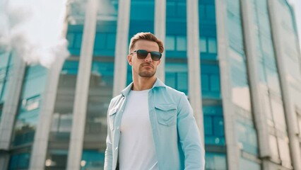 Poster - A man in business attire standing confidently in front of a towering skyscraper, A successful entrepreneur standing in front of a modern office building, symbolizing ambition and innovation