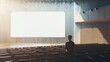 © Emil - Presentation hall with person on scene auditorium watching on blank screen mockup. Empty display with speaker represent mock up. Public on training or forum template.