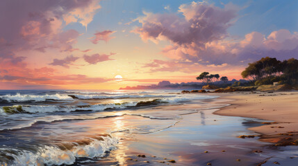 A seaside view with waves gently washing onto the shore beneath a pastel-colored sunset