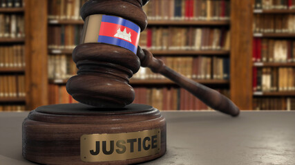 Wall Mural - Cambodia Flag on Judge Hammer in Court with Word Justice. Justice System 3D Illustration