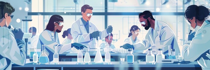 Wall Mural - A research and development team testing new products in a lab, illustrating the innovation and experimentation in business operations