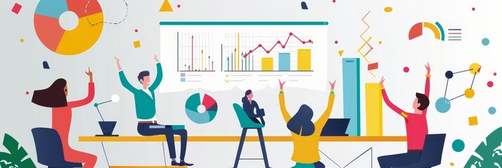 Poster - A sales team celebrating a successful quarter, with charts and graphs displayed, highlighting achievements and motivation in business operations