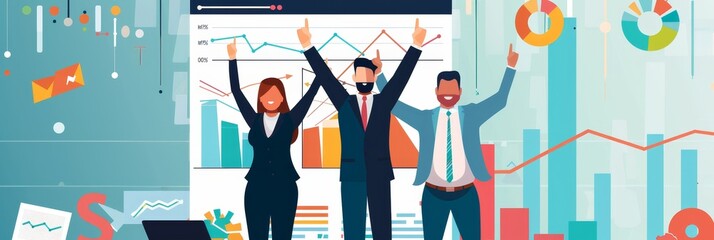 Poster - A sales team celebrating a successful quarter, with charts and graphs displayed, highlighting achievements and motivation in business operations