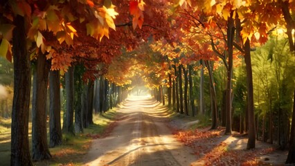 Wall Mural - A sunlit dirt road winds through a forest of trees, creating a picturesque scene, A sunlit pathway lined with trees showing off their colorful foliage