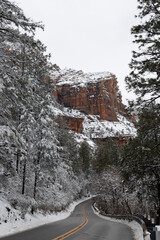 Wall Mural - A road winding through a winder wonderland with the red rock cliffs of Sedona, AZ towering above the road.