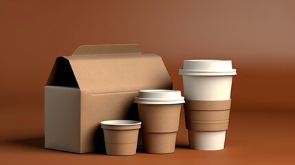 Wall Mural - Blank disposable food and beverages paper containers mockup. Food and beverages paper containers set on a background with copy space. Eco-friendly food take away container. food eco  packaging.