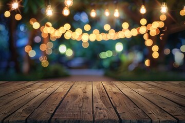 Wall Mural - Empty wooden table top with blurred background of night street lights and bokeh effect for product display presentation, product mockup design template, blank space for copy text