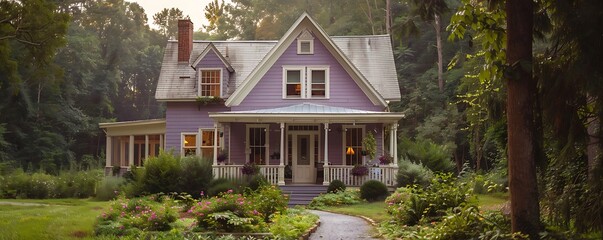 Wall Mural - A charming suburban house with a light purple exterior, white trim, and a wrap-around porch, surrounded by tall trees and a stone pathway.
