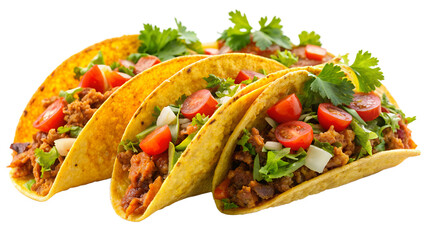 three tacos with yellow corn tortillas filled with ground meat, diced tomatoes, chopped onions, and fresh cilantro leaves