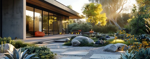 Wall Mural - A contemporary suburban house with a light gray exterior and black accents, featuring large windows and a minimalist garden with succulents and stones.