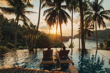 Wall Mural - Two people relaxing in chairs by the pool at sunset on vacation 