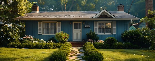Wall Mural - A suburban house with a bright cyan exterior, white shutters, and a small front yard with a stone pathway and neatly trimmed bushes.
