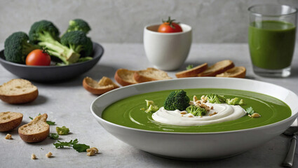 Wall Mural - Green, vegetable cream soup, broccoli and cream soup with bread crouton, a healthy dish.