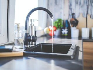A modern kitchen sink with a black faucet and running water A soap dispenser and kitchen utensils are visible in the background