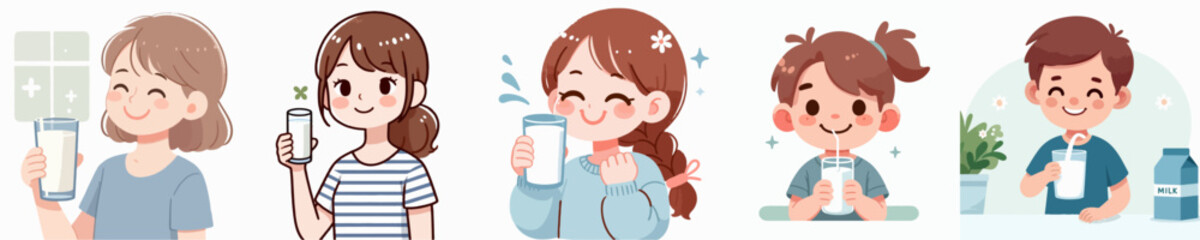 vector set of boy and girl drinking milk