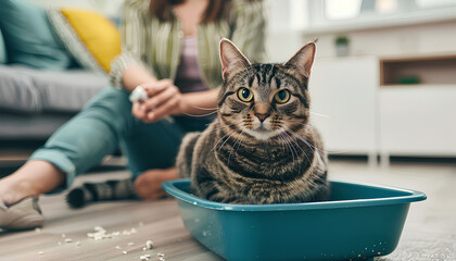 Owner cleaning cat litter box at home