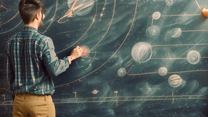 Poster - teacher writing on chalkboard with drawn planets, explaining astronomy concepts, a teacher standing 