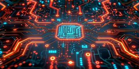 Wall Mural - Glowing neon circuit board representing artificial intelligence technology from a top view. Concept Technology, Artificial Intelligence, Neon Lights, Circuit Board, Top View