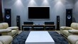 © spyrakot - Modern Home Theater Setup with Wall-Mounted TV, Surround Sound System, and Contemporary Furniture
