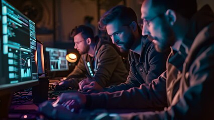 Poster - Team of Men Working on Computers in a Dark Room, A team of cybersecurity professionals working together to defend against a cyber attack