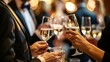 © ELIJA - A group of people dressed in formal attire toasts with champagne at an evening networking gala