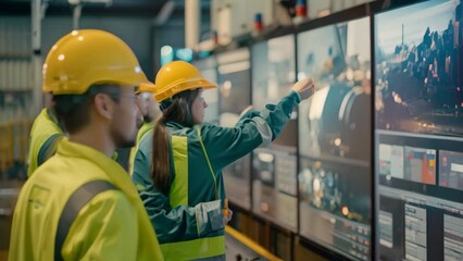 Poster - Two engineers in hardhats reviewing data on a large screen during training session, A team of engineers conducts training on using a SCADA system for new operators