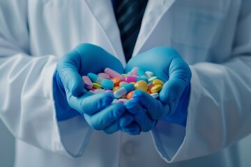 Wall Mural - Doctor holding disease-treating medication in studio. Medical, hospital, or professional health worker-held tablets with various medicines