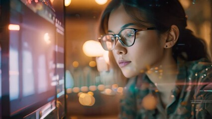 Fototapete - asian woman wearing glasses looking at a computer screen, a tech-savvy asian woman developer explori