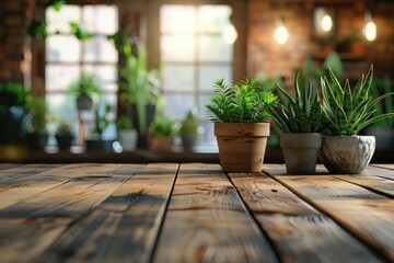 Poster - Wooden table top with pot plants blurred background for products