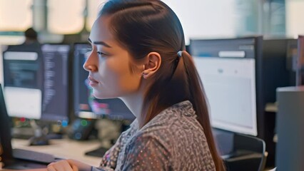 Poster - a tech-savvy asian woman sits in front of two computer monitors, examining emerging technologies and