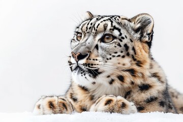 Wall Mural - Face portrait of snow leopard - Irbis (Panthera uncia) isolated on white background