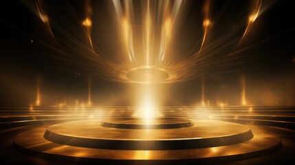 Poster - Podium with golden light lamps background. Golden light award stage with rays and sparks