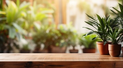 Poster - Wooden table top with pot plants blurred background for products