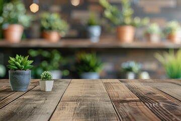 Poster - Wooden table top with pot plants blurred background for products