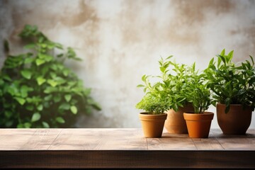 Poster - Wooden table top with pot plants blurred background for products
