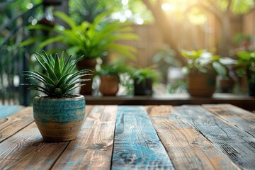 Poster - Wooden table top with pot plants blurred background for products