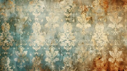 A wall with a floral pattern and a blue background