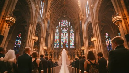 Wall Mural - Bride and Groom Walking Down the Aisle of a Church, A traditional ceremony in a grand cathedral with ornate stained glass windows