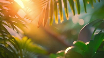Poster - Jungle leaves with sunlight. Tropical coconut palm leaf swaying in the wind with sun light, Summer background, slow motion. Exotic Rain forest 4k video