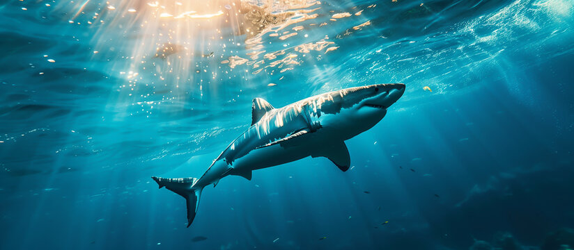 Shark Week Image. A great white shark swimming majestically in clear blue ocean waters