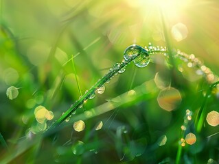 Wall Mural - A beautiful large drop of dew on a blade of grass in the morning light. Water drop in nature closeup macro