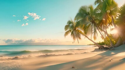 Wall Mural - Beach scene at sunset with palm trees and ocean, A tranquil beach at sunset with palm trees swaying in the breeze