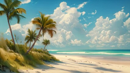 Wall Mural - A painting featuring a sandy beach with palm trees swaying in the wind under a clear sky, A tranquil beach scene with palm trees swaying in the breeze