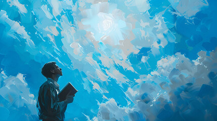 Wall Mural - A man holding a bible close to his chest while look up to a birght blue sky with white clouds and a bright sun