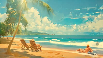 Wall Mural - A painting of a beach scene with two chairs and an umbrella where sunbathers relax by the sea, A tranquil beach scene with sunbathers relaxing on lounge chairs