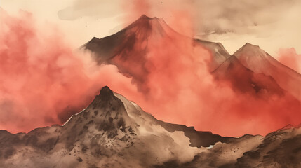 Poster - Watercolor landscape, mountain range with pink and brown clouds swirling around the peaks