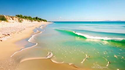 Wall Mural - A beach with golden sands and crystal clear blue water under a clear sky, A tranquil beach with golden sands and crystal-clear water